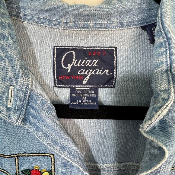 Quizz Again Embroidered Christmas Teddy Bears Long Sleeve Denim VTG Shirt Medium - Picture 7 of 7